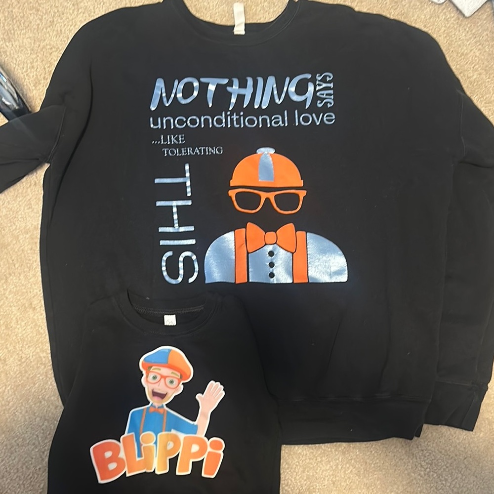 Mommy and me blippi crew necks.